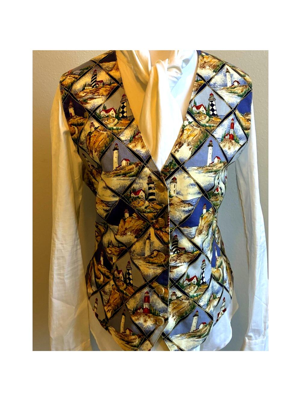 Vintage ORVIS Vest Teacher Coastal Lighthouse Waistcoat Artsy Beach Womens M